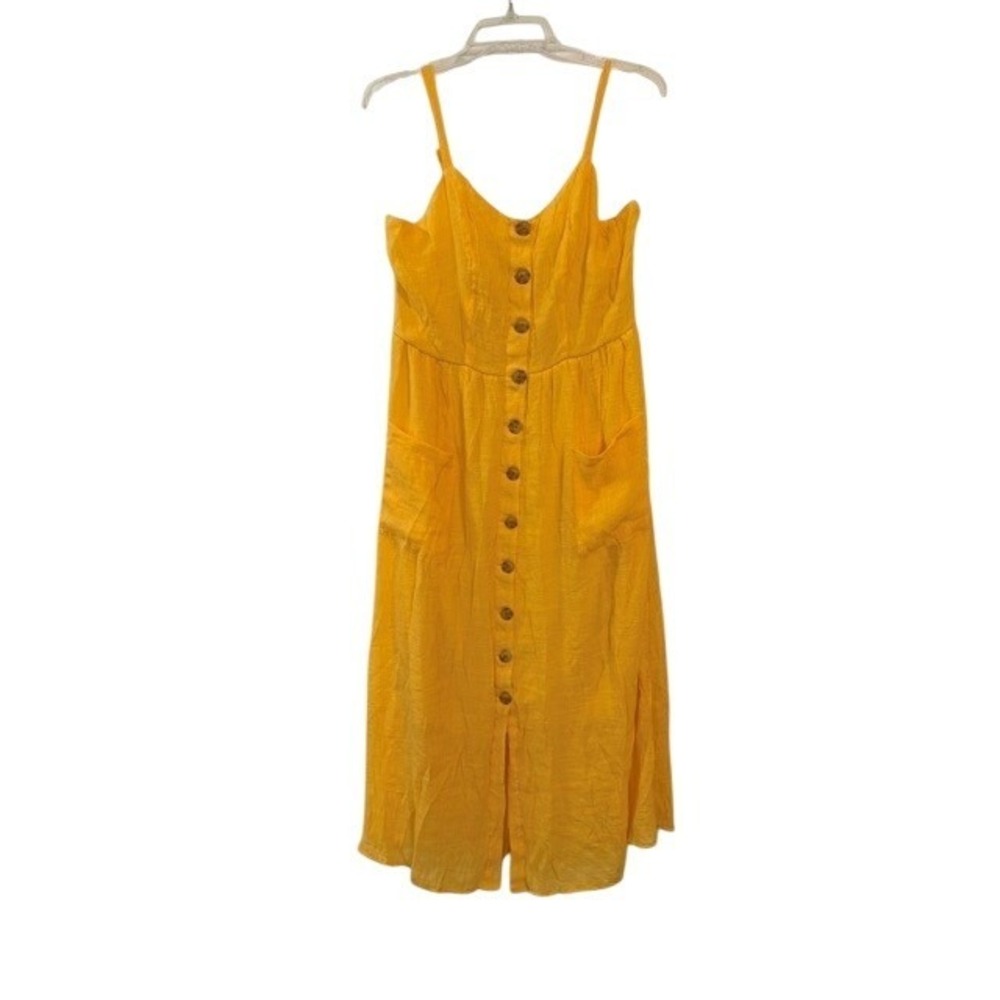 Mlle Gabrielle Womens Yellow Button Front Midi Sundress Smocked Back Pockets XL
